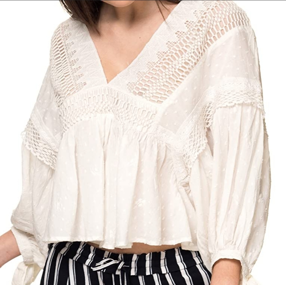 Free People Drive You Mad Blouse Cotton Lacey Embroidered Ivory Size Md & Lg NWT - Picture 13 of 16